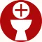 Icon für Eucharistiefeier auf rotem Hintergrund.