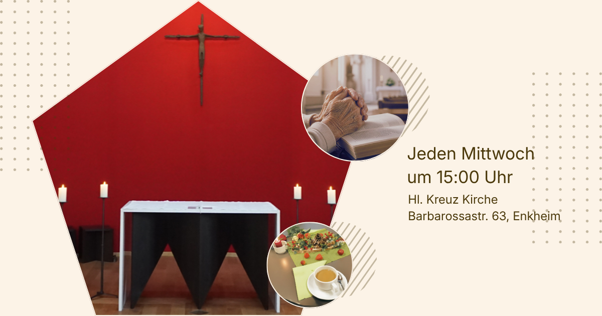 Senioren beten in einer Kirche. Senioren trinken Kaffé