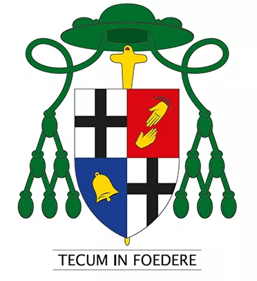 Logo Bistum Fulda mit Kreuz, zwei Hände gegenuber und eine Glöcke